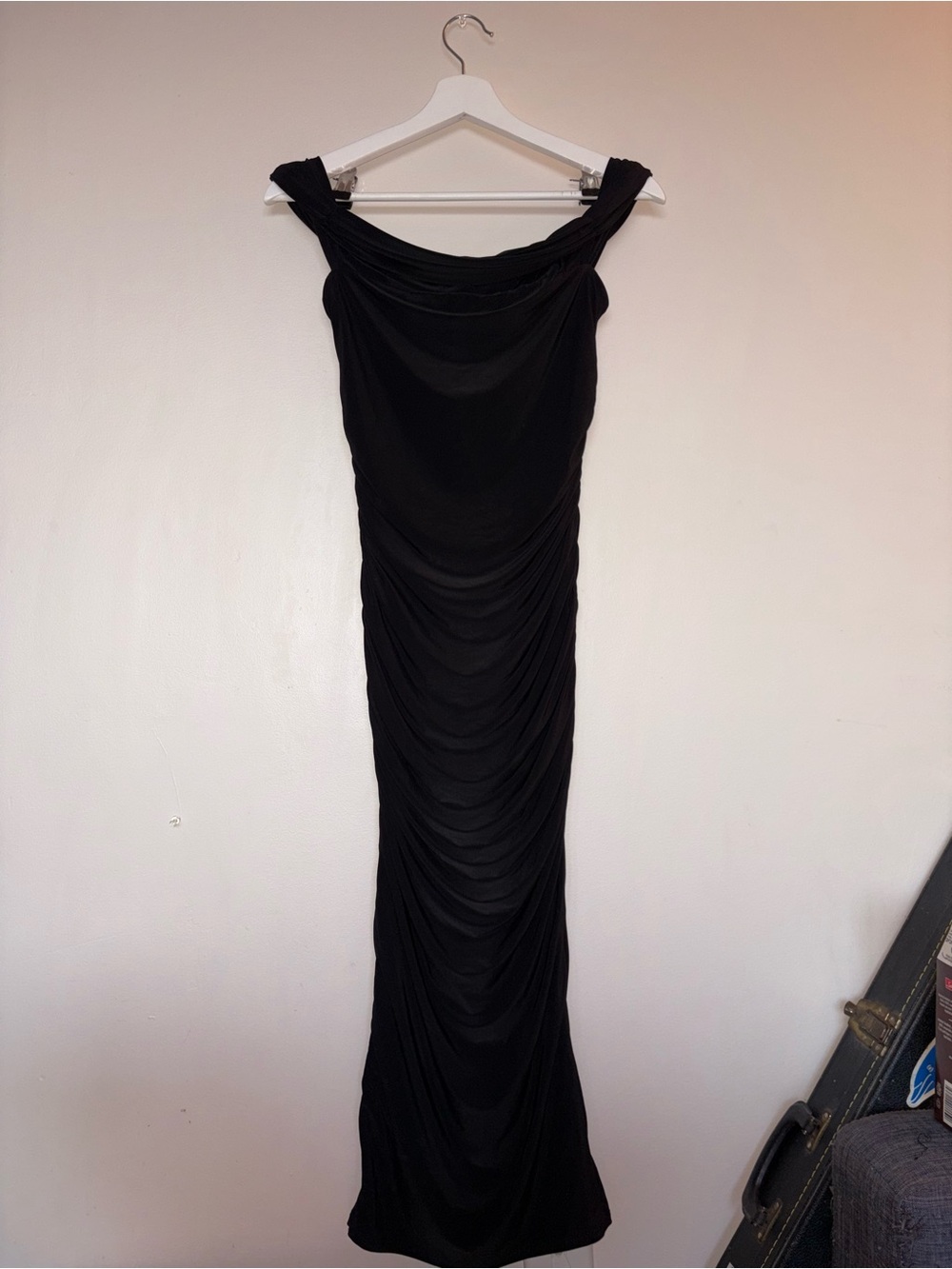 Fashion Nova Black Ruched Off-Shoulder Midi Gown